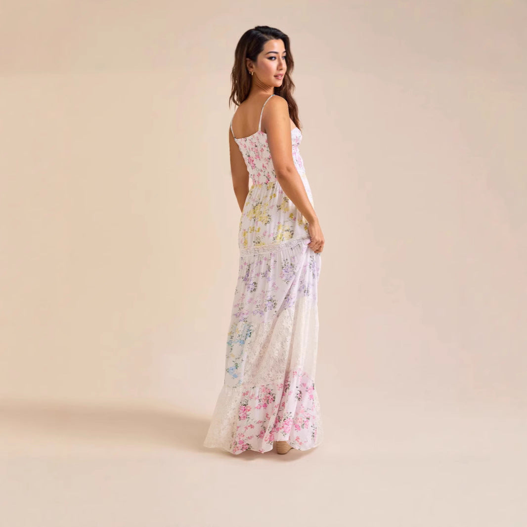 Damen Boho Maxikleid mit elastischem Oberteil und Spitzenakzenten Drune