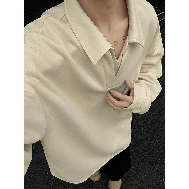 Herren Oversized Polo‑Sweatshirt mit tiefem V‑Ausschnitt, Hemdkragen und gerippten Bündchen Drune