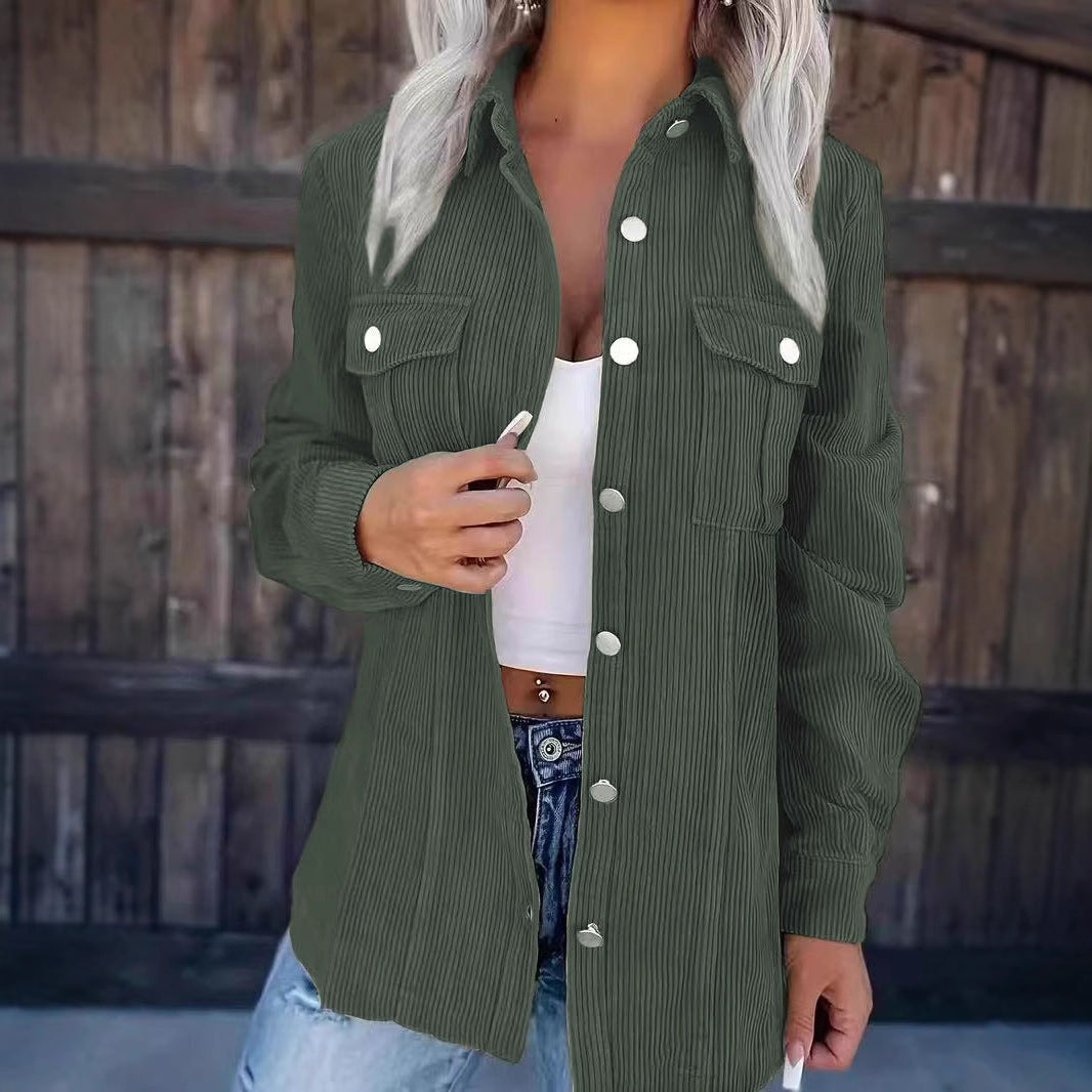 Damen Longline-Cordhemdjacke mit Brustklappen und Druckknopfleiste Drune