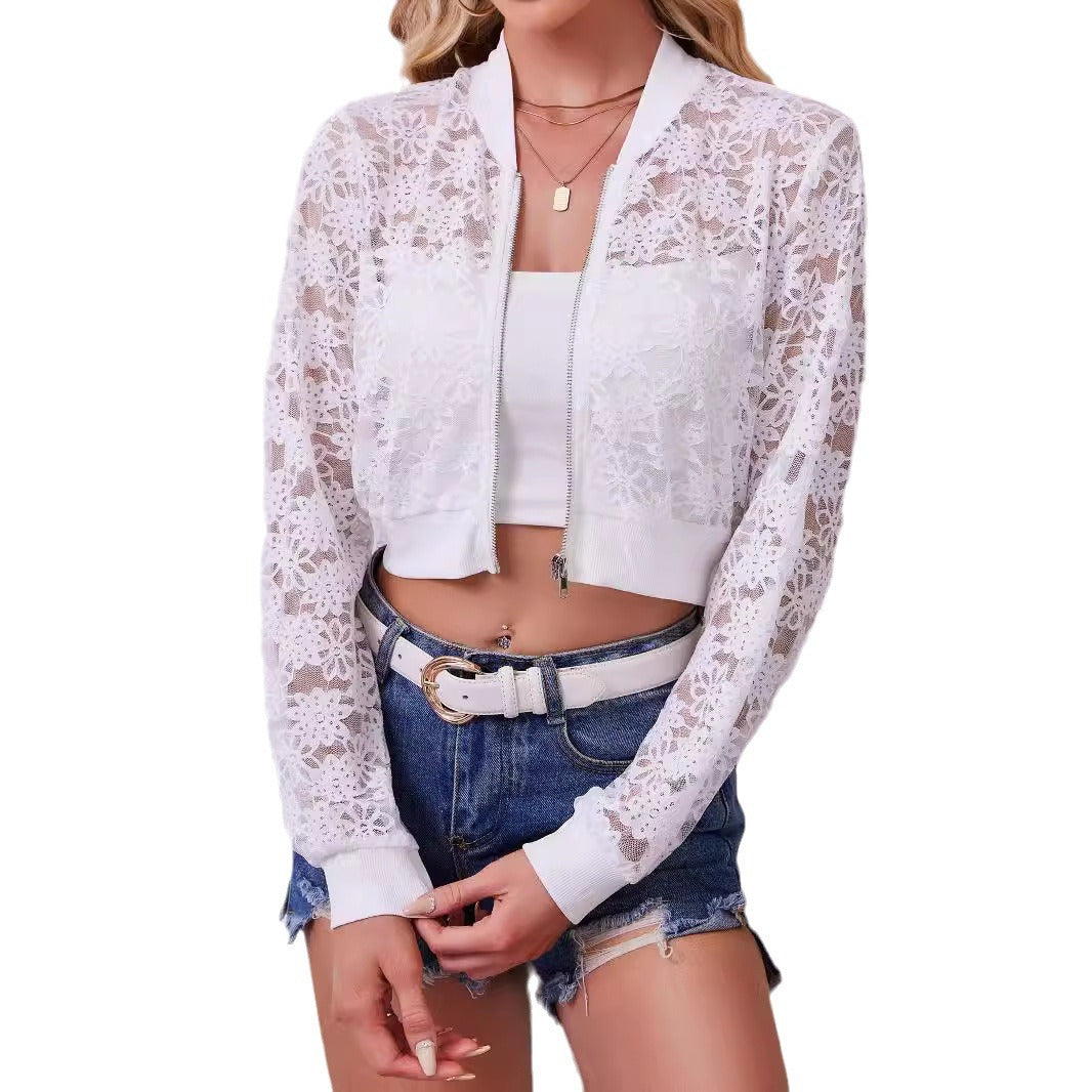 Damen nan florale Spitzen-Bomberjacke mit Reißverschluss und Rippbündchen Drune