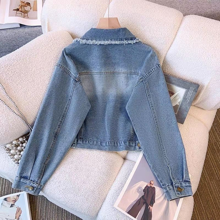 Damen cropped Denimjacke mit Fransen und Knopfdetails Drune