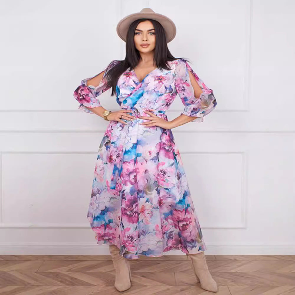 Damen Langes Maxi-Kleid mit floralem Schnitt und raffinierten Ärmeln Drune
