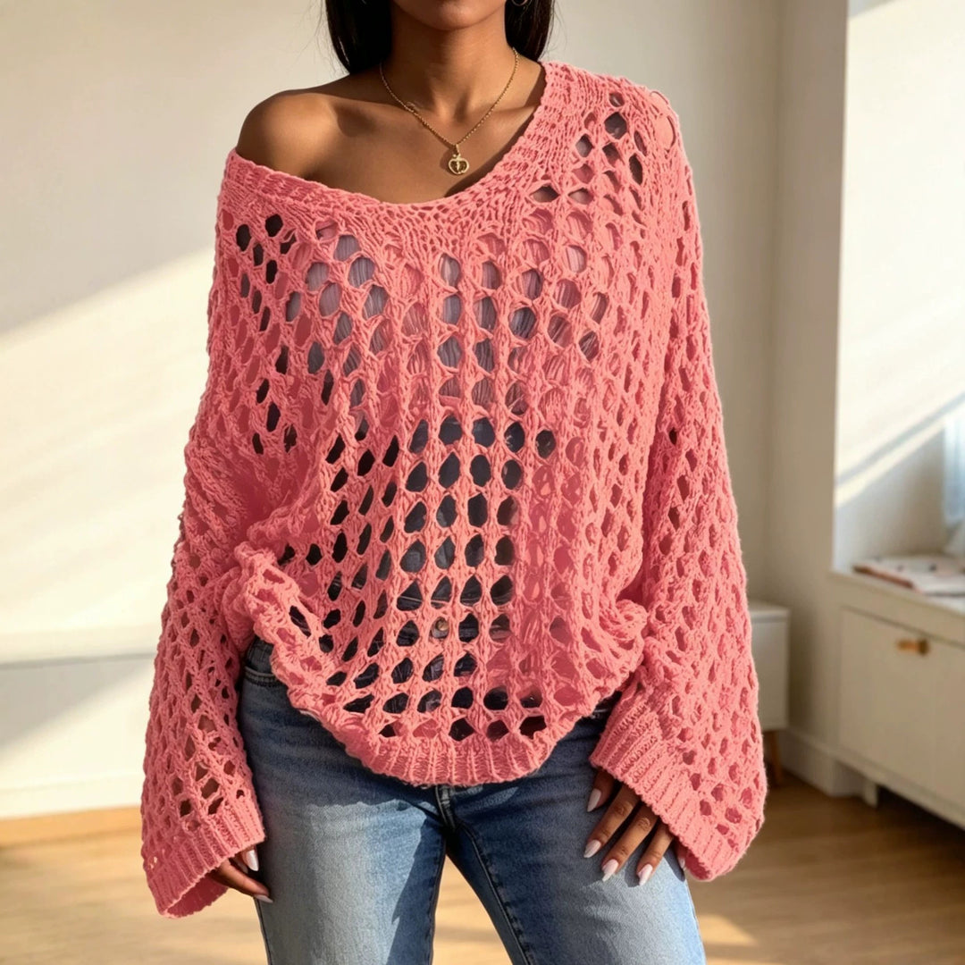 Damen Lockerer gehäkelter Oversize-Ajour-Pullover mit V-Ausschnitt Drune
