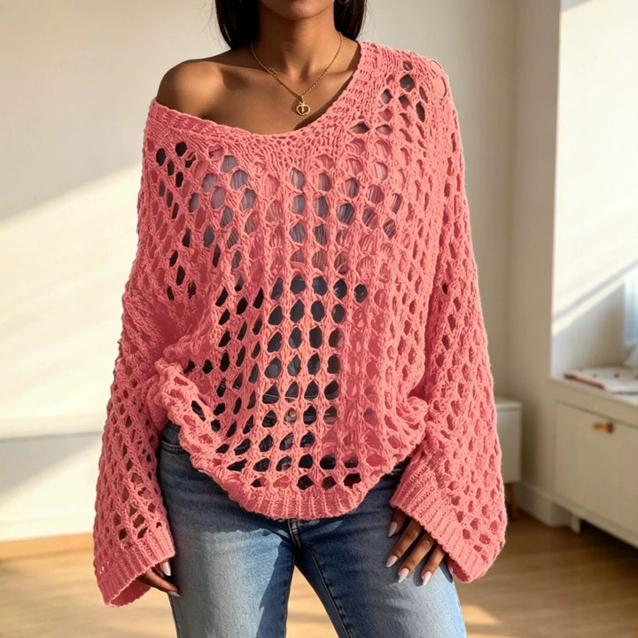 Damen Lockerer gehäkelter Oversize-Ajour-Pullover mit V-Ausschnitt Drune