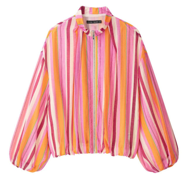 Damen Leichte gestreifte Cropped Blousonjacke im Bomberstil mit Stehkragen, Reißverschluss und Ballonärmeln Drune