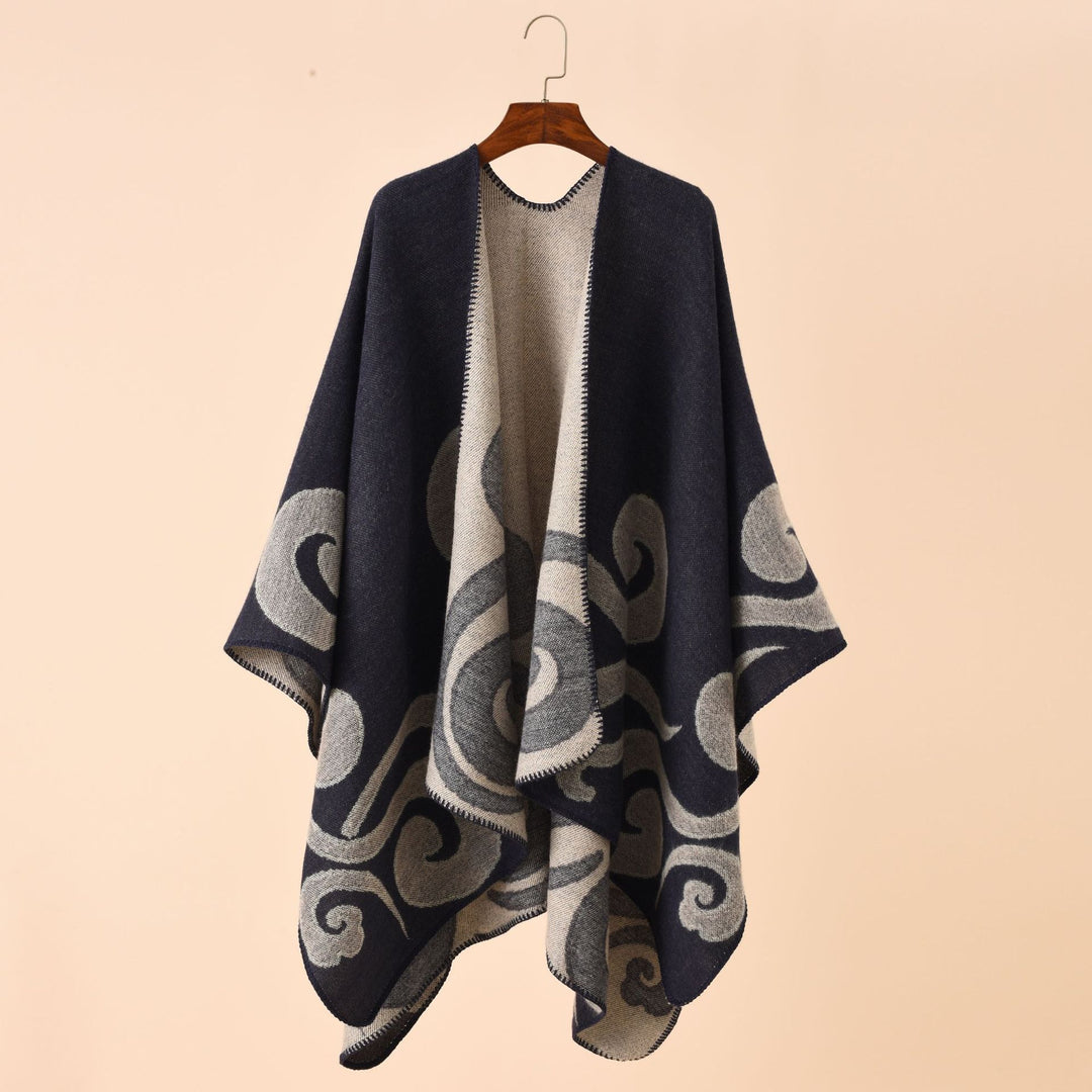 Damen Wollmix-Capeponcho im Ruana-Schnitt mit ornamentaler Intarsienstruktur Drune