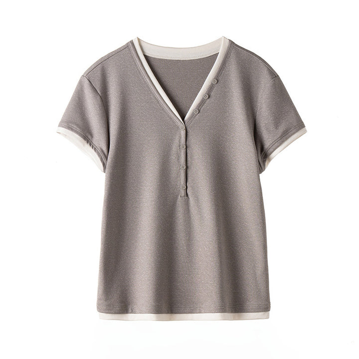 Damen Kurzärmeliges V-Ausschnitt-Henley-Shirt aus Stretch-Jersey mit feiner Knopfleiste Drune