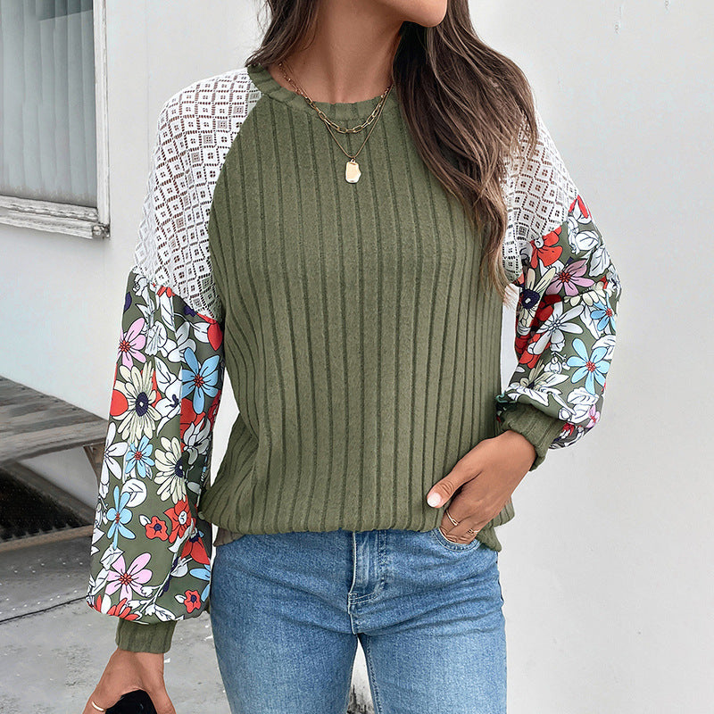 Damen Modischer Pullover mit floralen Ärmeln Drune