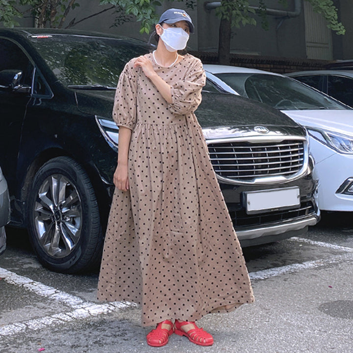 Damen Fließendes Maxikleid aus Leinenmix mit geraffter Taillennaht und Ballonärmeln Drune