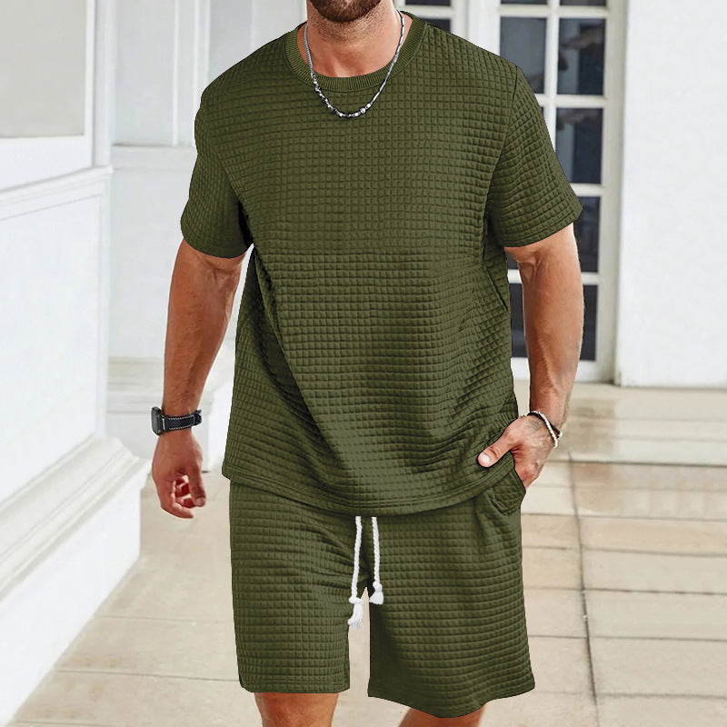 Herren nan leichter Freizeit-Zweiteiler in Waffelstruktur mit Rundhals-T-Shirt und komfortablen Shorts Drune