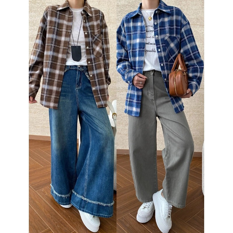 Damen Karierter Flanell-Hemdjacke mit leichtem Oversized-Schnitt Drune