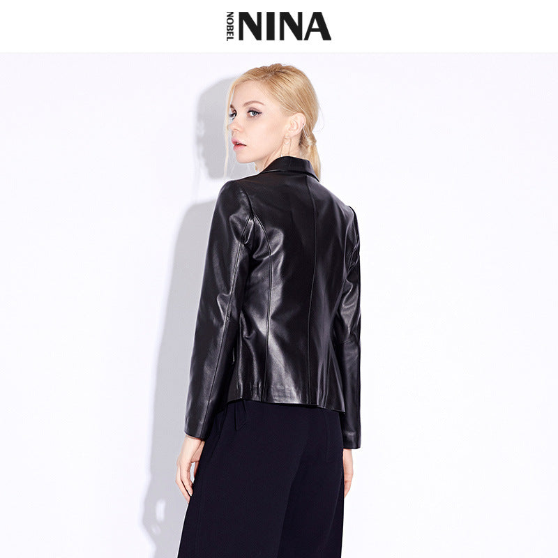 Damen Klassischer Lederblazer Drune