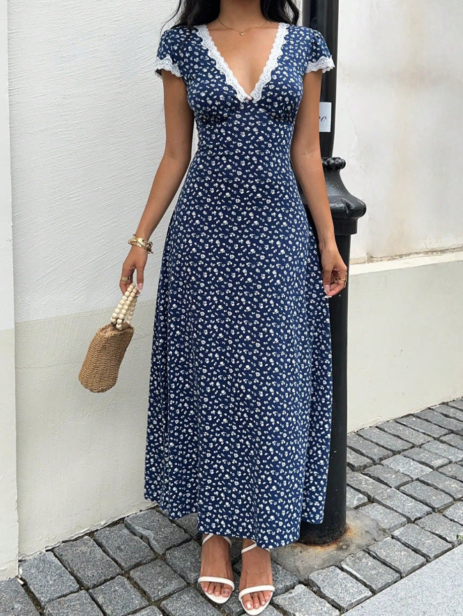 Damen Maxikleid mit floralem Muster und elegantem Spitzenbesatz Drune