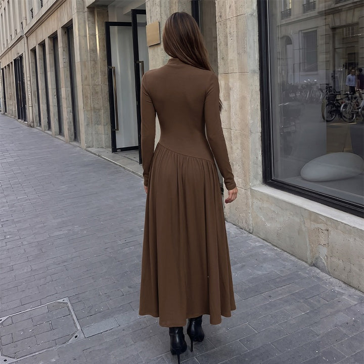 Damen Elegantes Maxikleid mit langen Ärmeln und hohem Kragen Drune