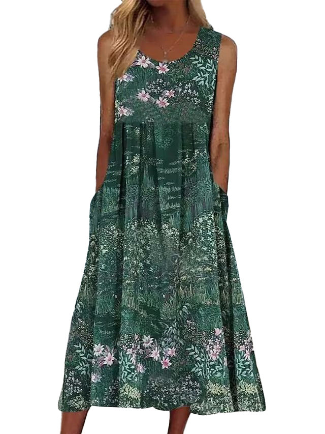 Damen Ärmelloses Blumendruck Maxikleid mit Taschen Drune