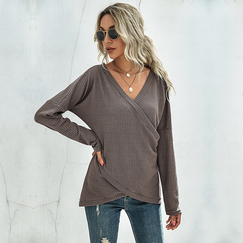 Damen Waffelstrick‑Wickelshirt mit V-Ausschnitt und langer Oversize-Ärmelpassform Drune