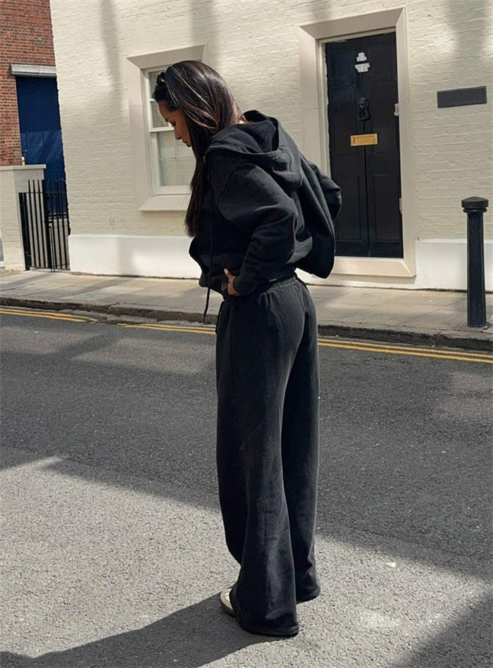 Damen gekürztes Kapuzen-Sweatshirt mit Oversize-Ärmeln und high-waist Wide-Leg Freizeithose Drune