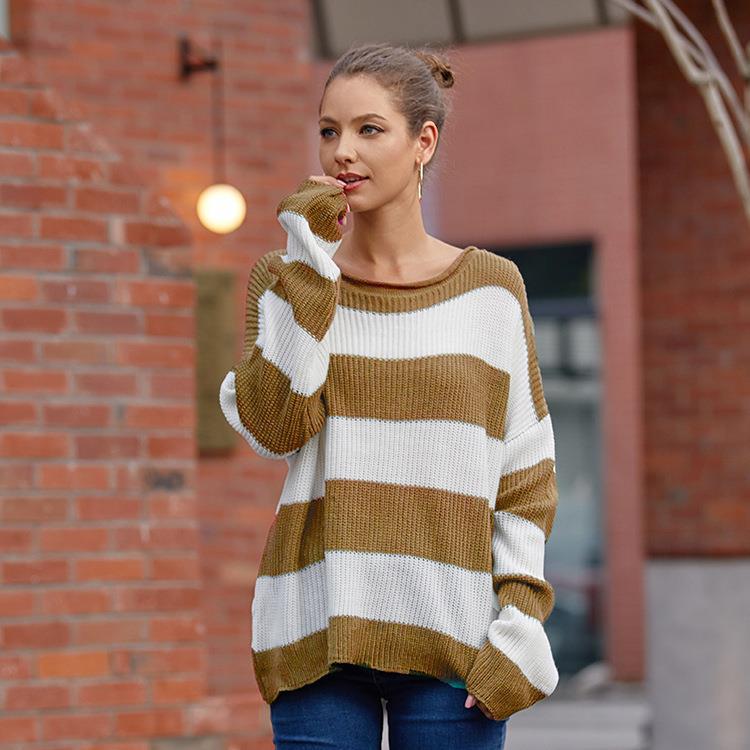 Damen gemütlicher Strickpullover mit modernem Streifenmuster und weitem Schnitt Drune