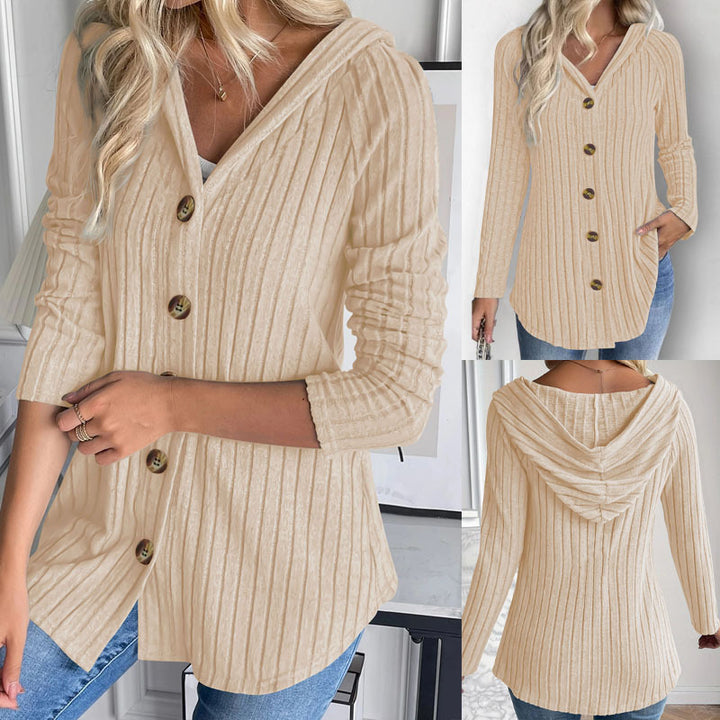 Damen Gerippte Kapuzen-Cardigan-Bluse mit Holzknopfleiste und gerafften Ärmeln Drune