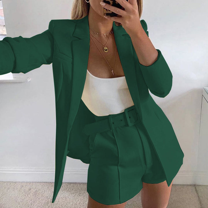 Damen Zweiteiliges maßgeschneidertes Blazer‑Set mit hochtaillierten Shorts und Gürtel Drune