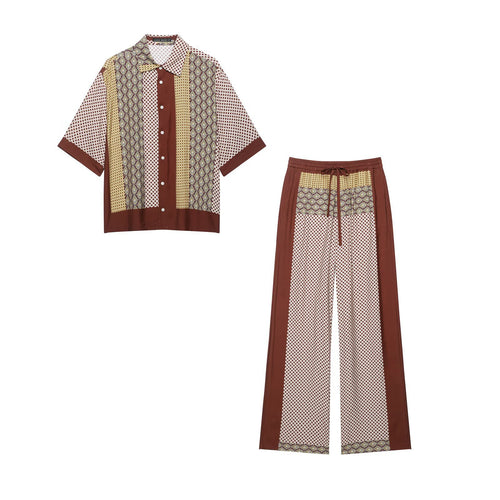 Damen Weite Palazzo‑Hose mit Print‑Einsätzen, Tunnelzugbund und Seitenpaspeln Drune