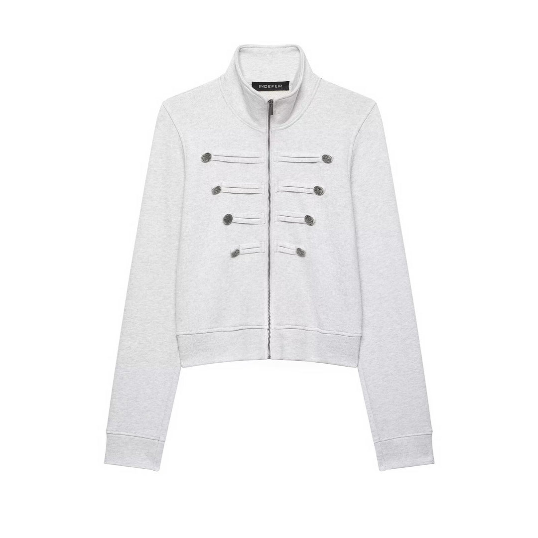 Damen Kurze Sweatjacke im Militärstil mit Stehkragen und dekorativer Knopfleiste Drune