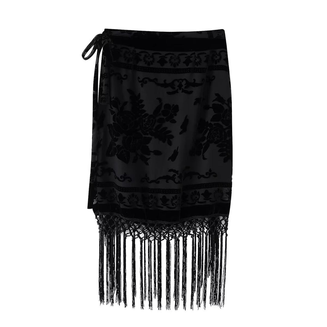 Damen Wickelrock mit eleganter Fransenverzierung und floralem Muster Drune