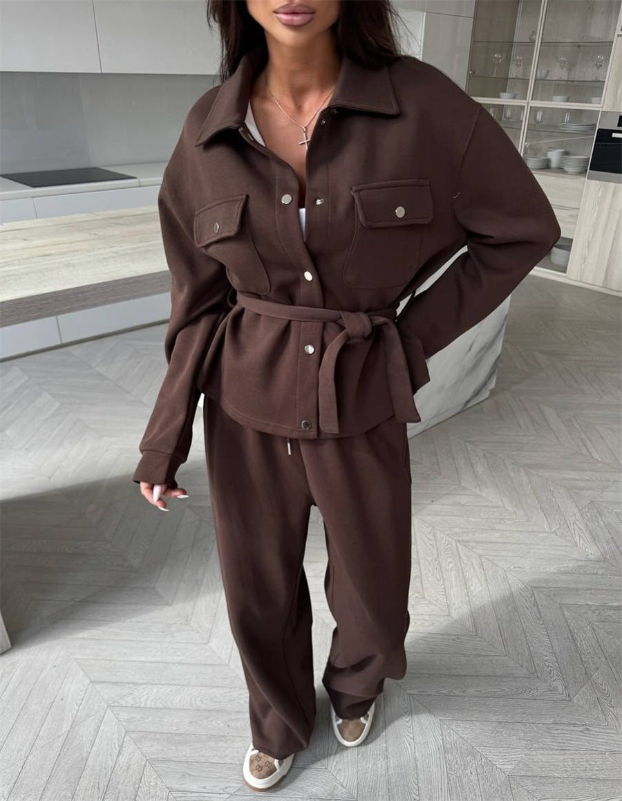 Damen Zweiteiliges Loungewear-Set mit tailliertem Blouson, Bindegürtel und weiter Palazzo-Hose Drune