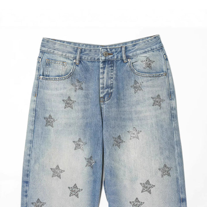 Damen Jeanshose mit weitem Bein und Sternen-Strassbesatz Drune