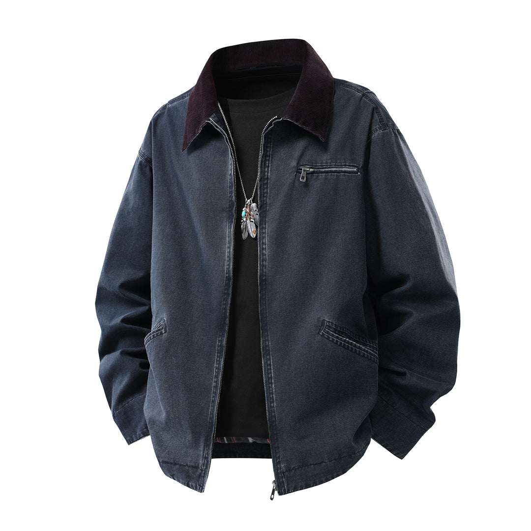 Herren gewaschene Baumwoll-Workerjacke mit Cordkragen und Reißverschluss Drune