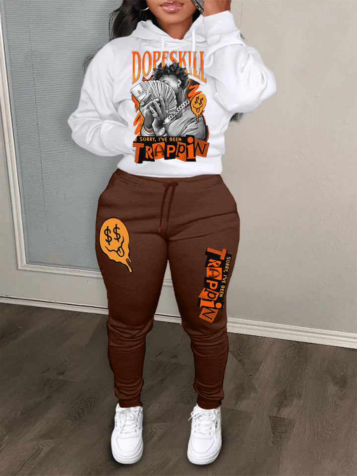 Damen bequeme Hoodie und Jogginghose Set mit kreativem Druck Drune