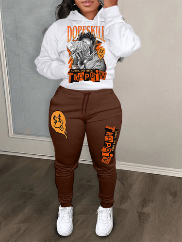 Damen bequeme Hoodie und Jogginghose Set mit kreativem Druck Drune