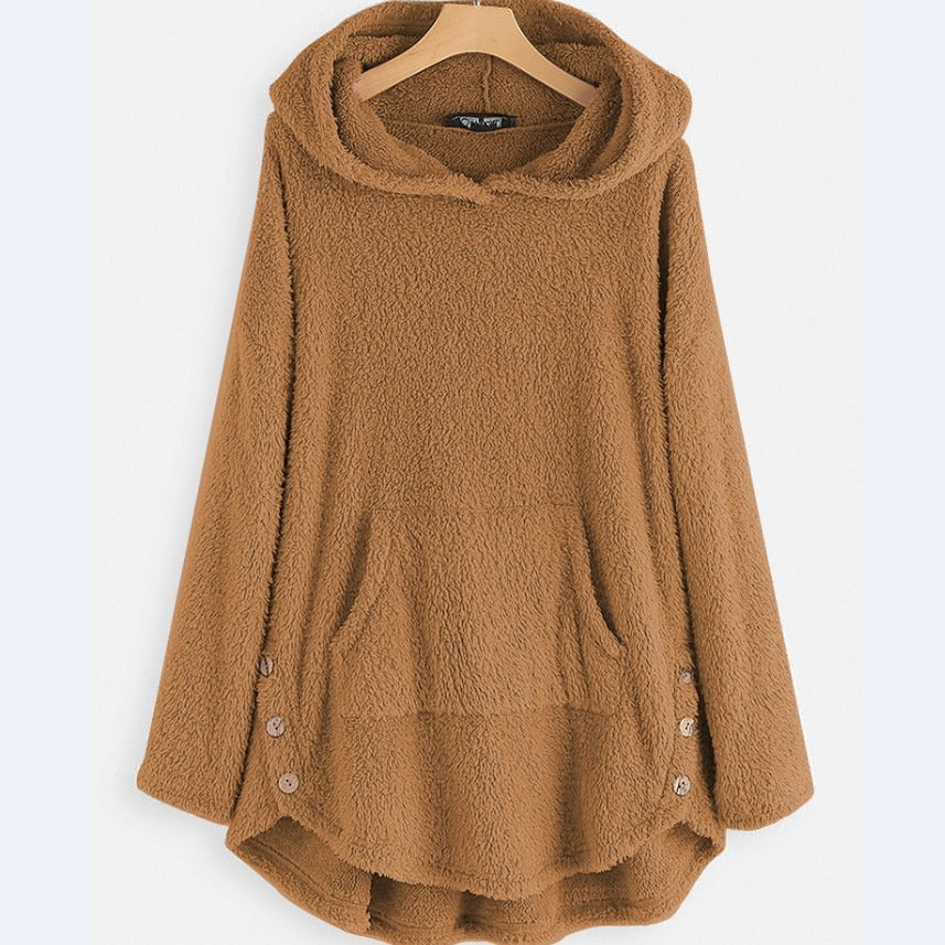 Damen nan kuscheliger Teddy-Kapuzenpullover mit Kängurutasche, Knopfleiste an den Seiten und abgerundetem Saum Drune