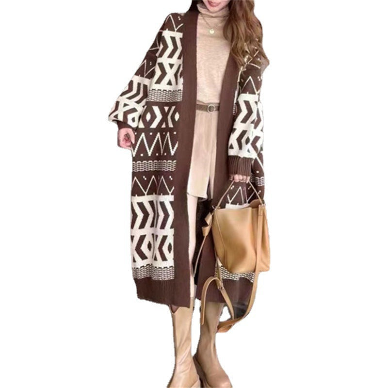 Damen Long Cardigan mit grafischem Design und tiefen Taschen Drune