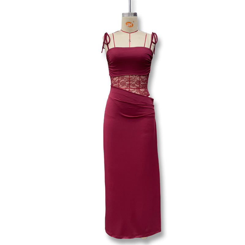 Damen Elegantes Maxikleid mit Spitzeneinsätzen und verstellbaren Trägern Drune