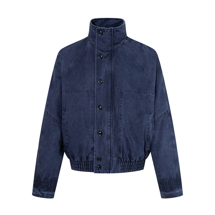 Damen kurze Oversize-Bomberjacke mit Stehkragen, Knopfleiste und elastischem Saum Drune