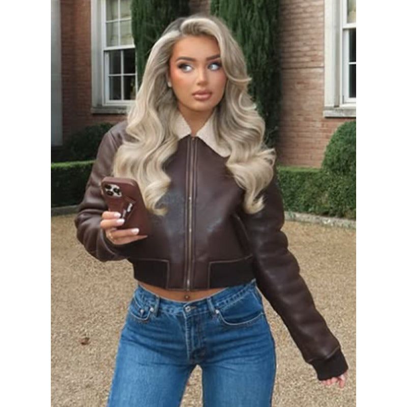 Damen cropped Lederjacke mit schickem Kunstfellkragen Drune