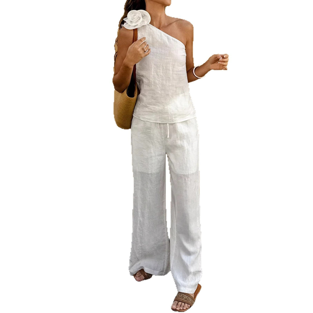Damen Einschultriger Leinen-Jumpsuit mit Zier-Rosette und weitem Bein Drune