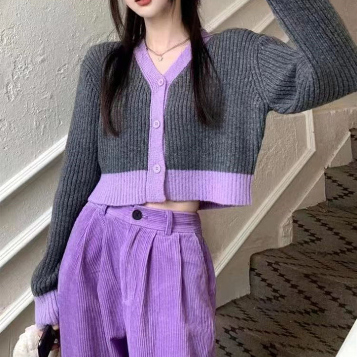 Damen cropped Strickjacke mit kontrastierendem Muster Drune
