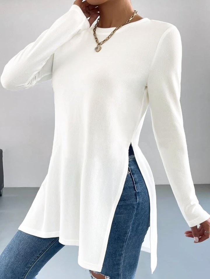 Damen Langes Feinstrick-Tunika-Shirt mit Seitenschlitzen und gerundetem Saum Drune