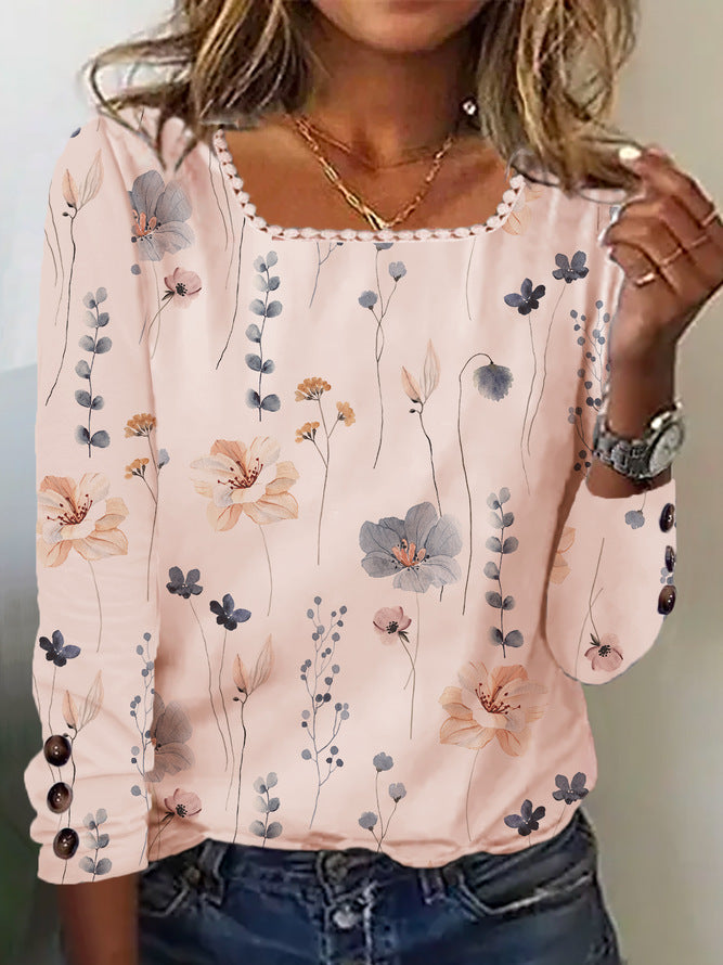 Damen Bluse mit floralem Druck und dekorativen Knopfdetails Drune