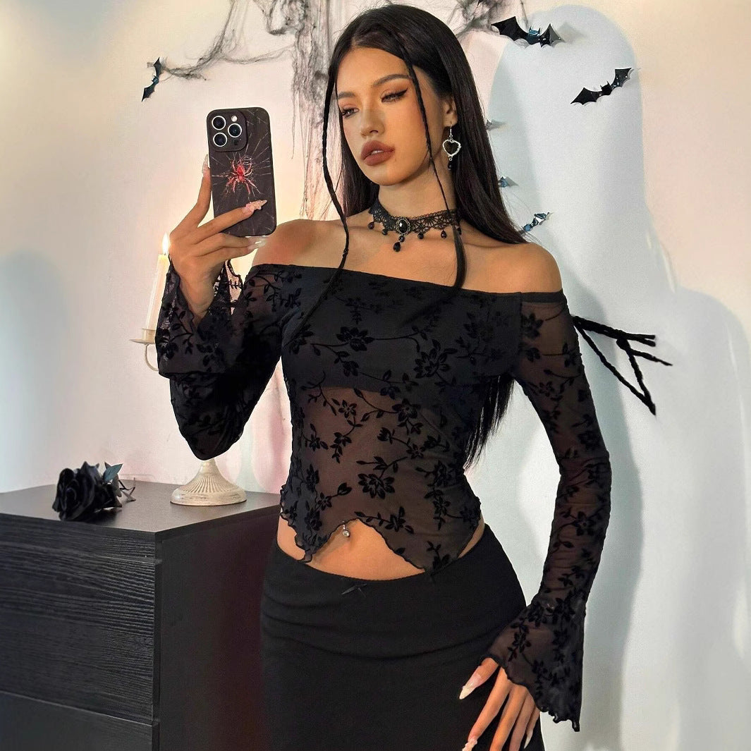 Damen nan transparentes Mesh-Top mit floraler Samt-Flock-Applikation, Carmen-Ausschnitt und kurzem Taillen-Saum Drune
