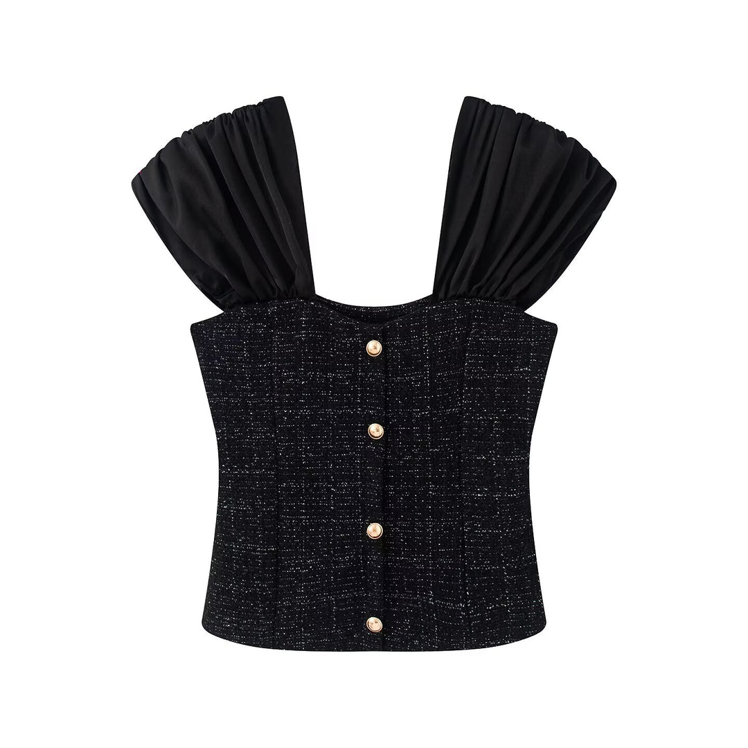 Damen Wickelbluse mit voluminösen Puffärmeln und dekorativen Knopfdetails Drune