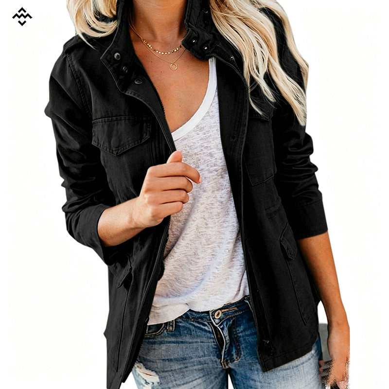 Damen leichte Feldjacke im Utility-Stil mit Stehkragen und Mehrfachtaschen Drune