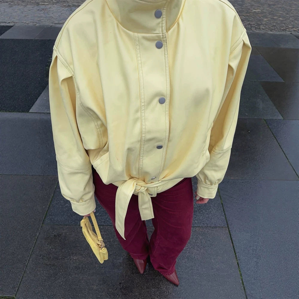 Damen Kurze taillierte Jacke mit Stehkragen, Puffärmeln und Bindegürtel Drune