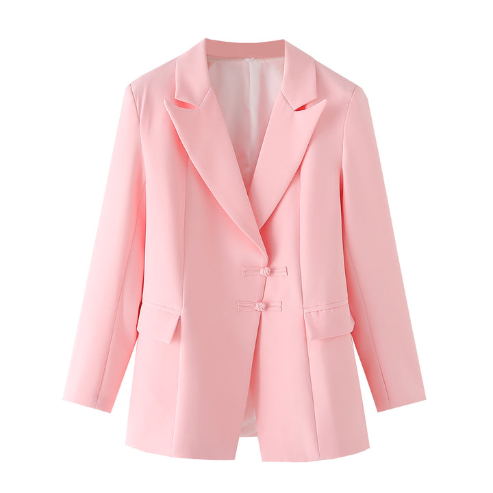 Damen nan eleganter Langblazer mit dekorativen Knotenverschlüssen und Pattentaschen Drune