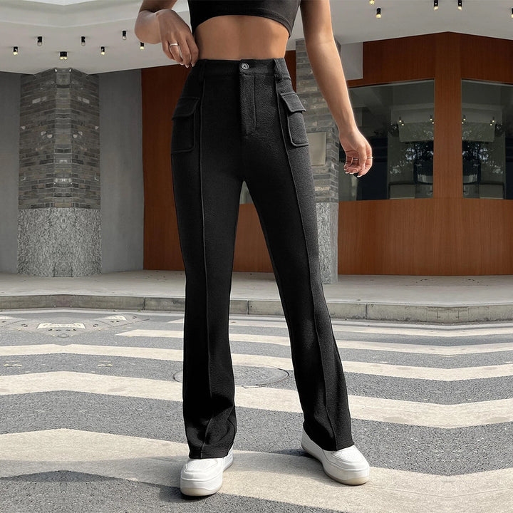 Damen hochgeschnittene Cargo-Hose mit frontnaht, ausgestelltem Bein und aufgesetzten Pattentaschen Drune