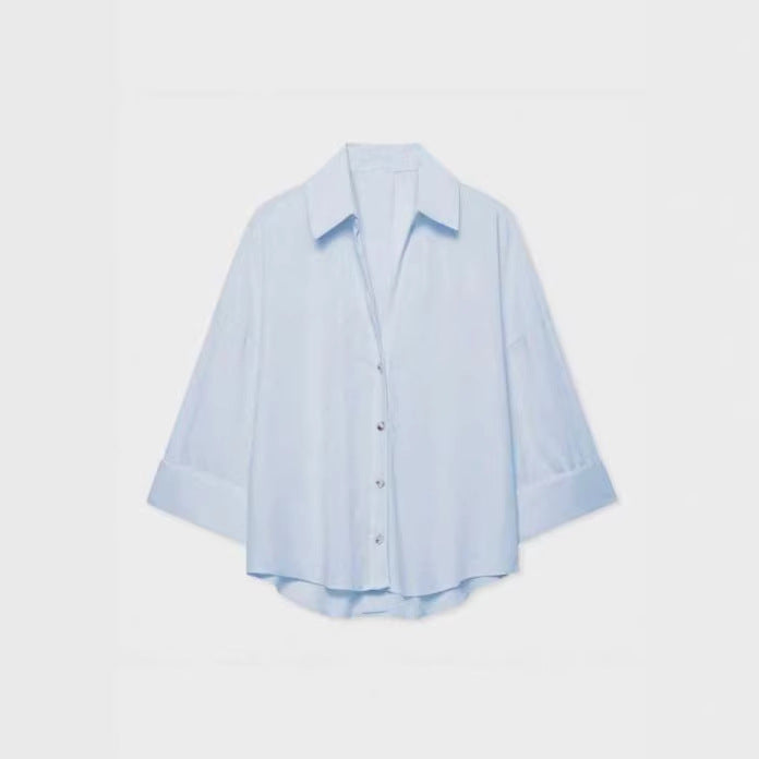 Damen Leichte Oversize Leinenoptik Bluse mit Dreiviertelärmeln und durchgehender Knopfleiste Drune