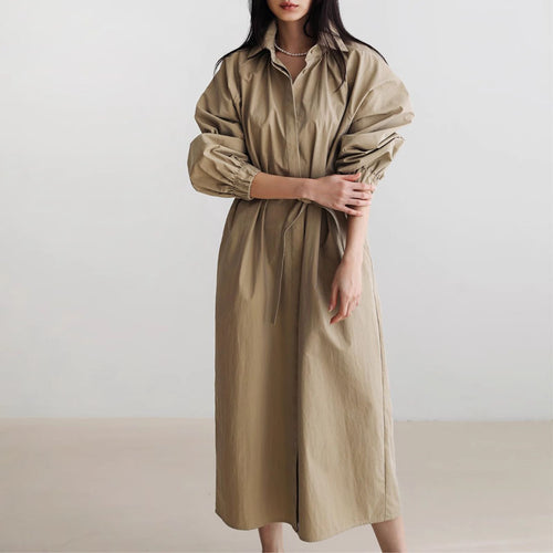 Damen Hemdkleid mit Taillengürtel, Stehkragen und Ballonärmeln Drune