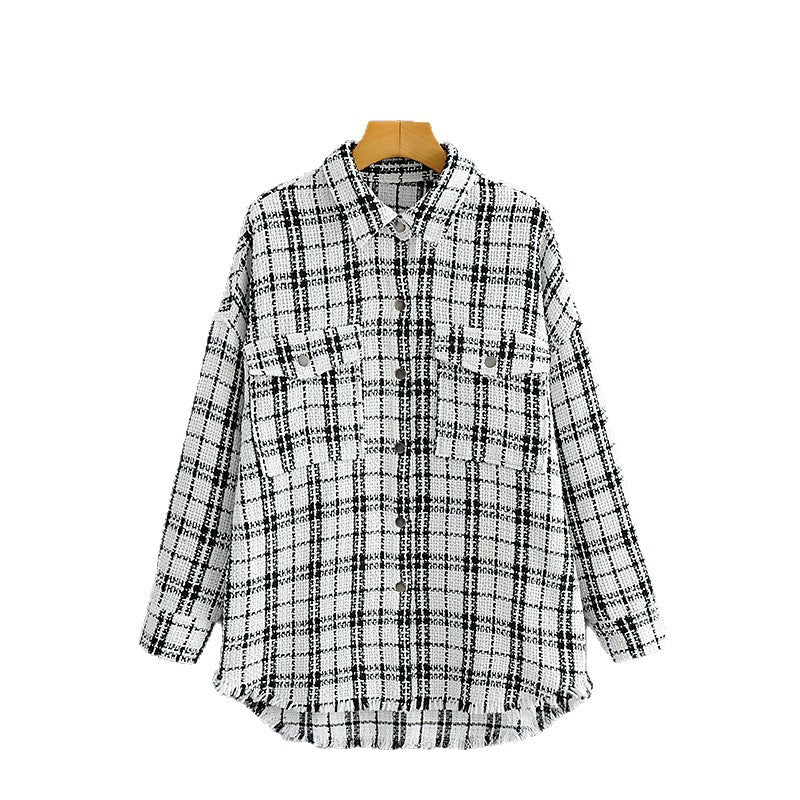 Damen Oversized Tweed-Hemdjacke mit Brusttaschen und fransigem Saum Drune